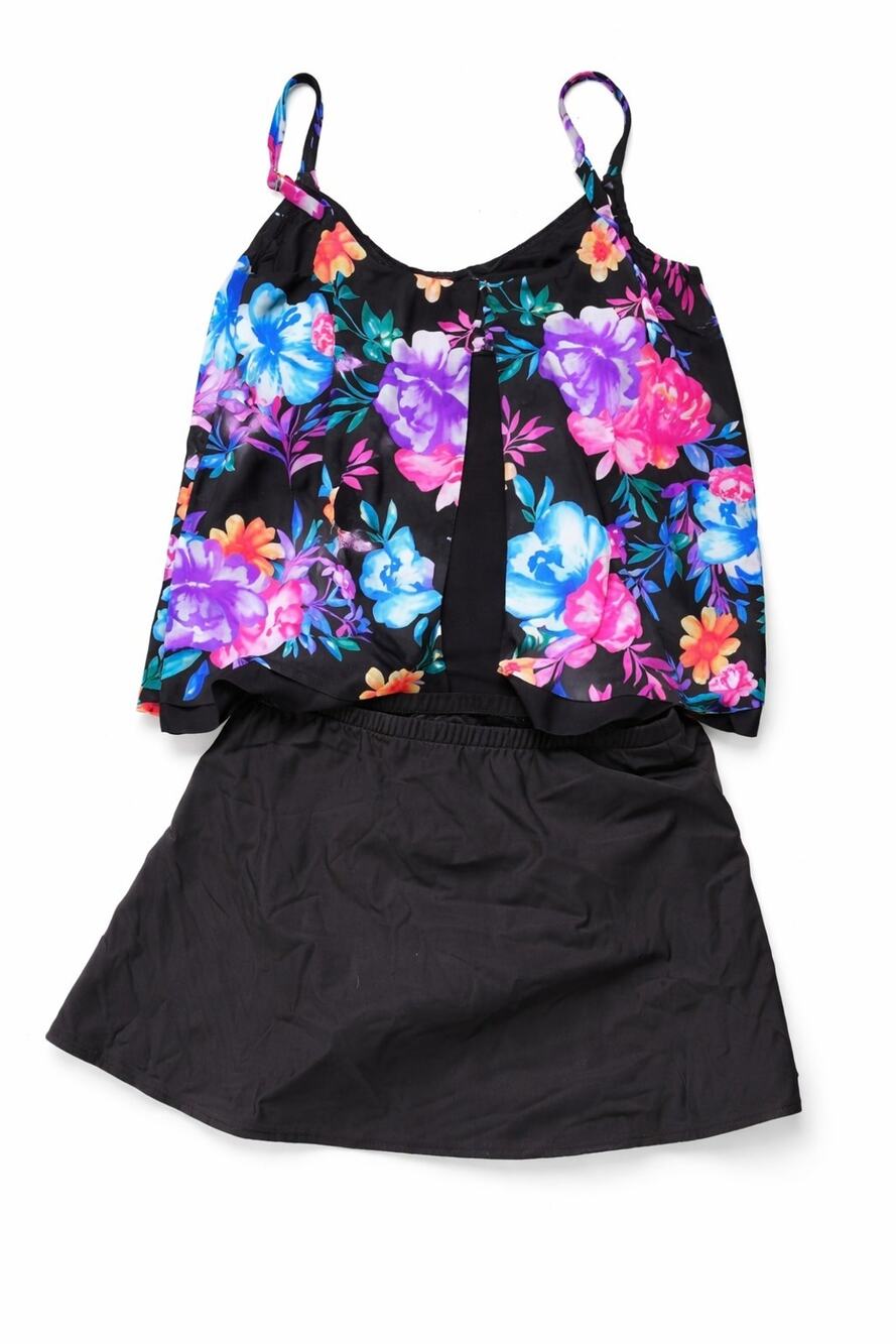 Penbrooke Swimsuit Set Womens 14 Floral Tankini Swimdress Skirt Bottom Black